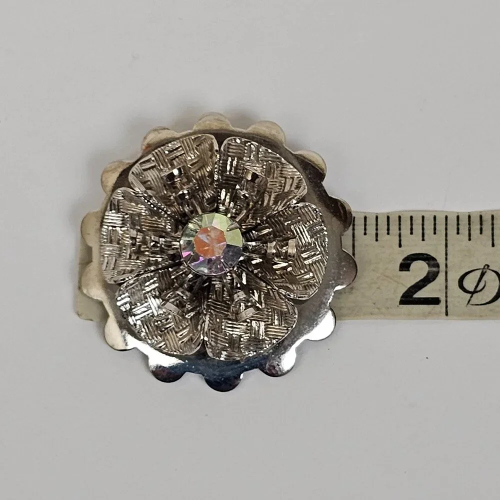 Vintage Scarf Clip‎ Silver Tone Flower Rhinestone AB Layered Textured Scalloped